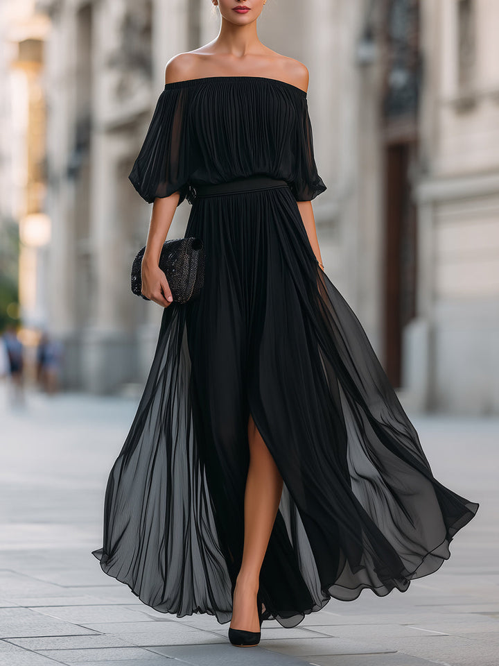 Annetta - Abito Lungo Nero in Chiffon Plissettato con Spalle Scoperte