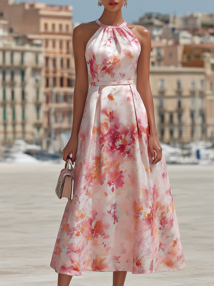 Violetta - Abito Midi con Collo Halter e Stampa Floreale ad Acquerello