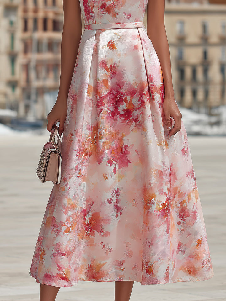 Violetta - Abito Midi con Collo Halter e Stampa Floreale ad Acquerello