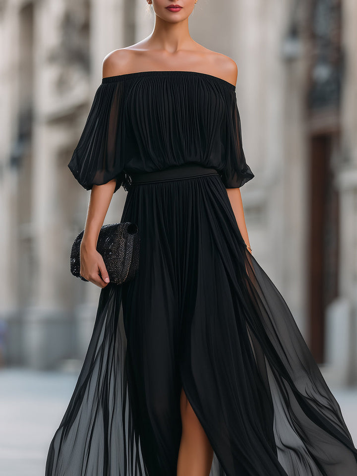 Annetta - Abito Lungo Nero in Chiffon Plissettato con Spalle Scoperte