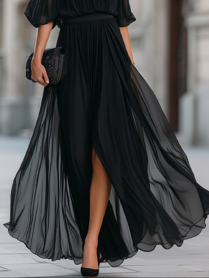 Annetta - Abito Lungo Nero in Chiffon Plissettato con Spalle Scoperte