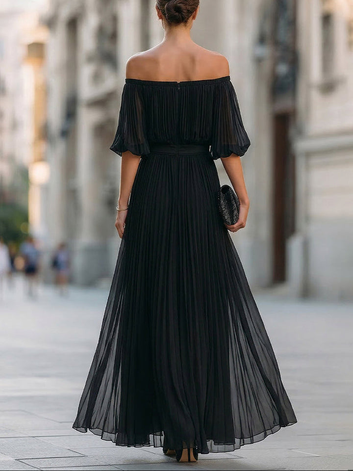 Annetta - Abito Lungo Nero in Chiffon Plissettato con Spalle Scoperte