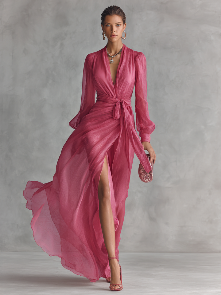 Abito Rosa in Chiffon con Scollo a V