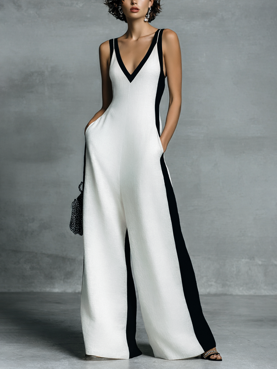 Celine | Tuta Color Block Bianco e Nero a Gamba Larga