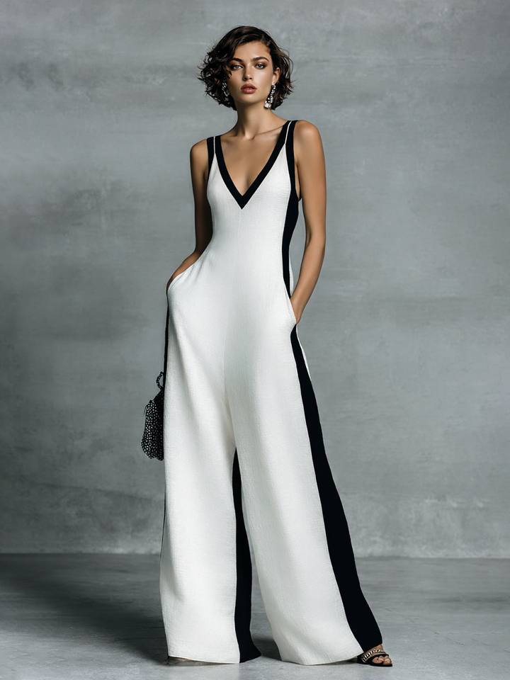 Celine | Tuta Color Block Bianco e Nero a Gamba Larga