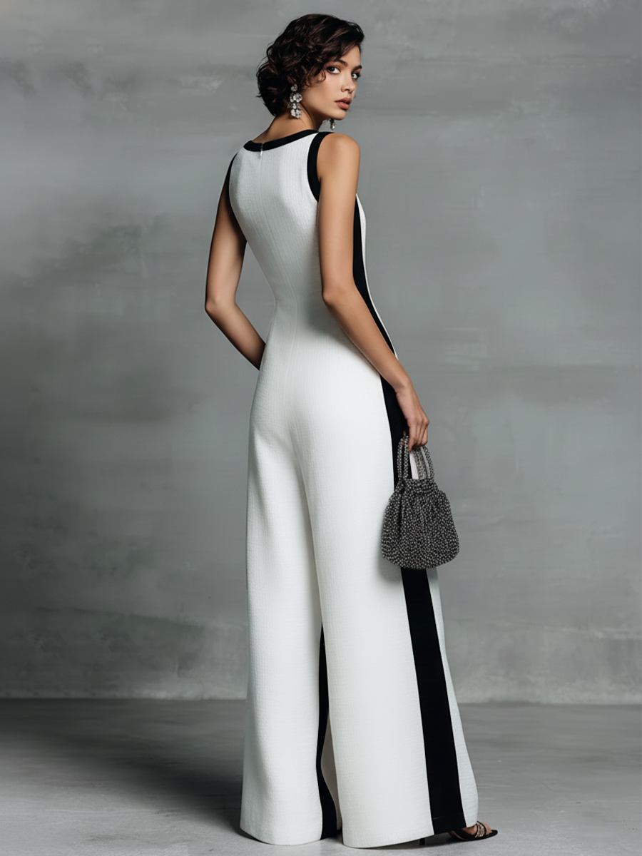 Celine | Tuta Color Block Bianco e Nero a Gamba Larga