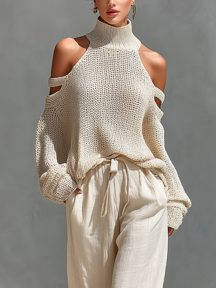 Thalia - Completo Beige in Maglia con Top a Collo Alto e Spalle Scoperte e Pantaloni a Gamba Larga