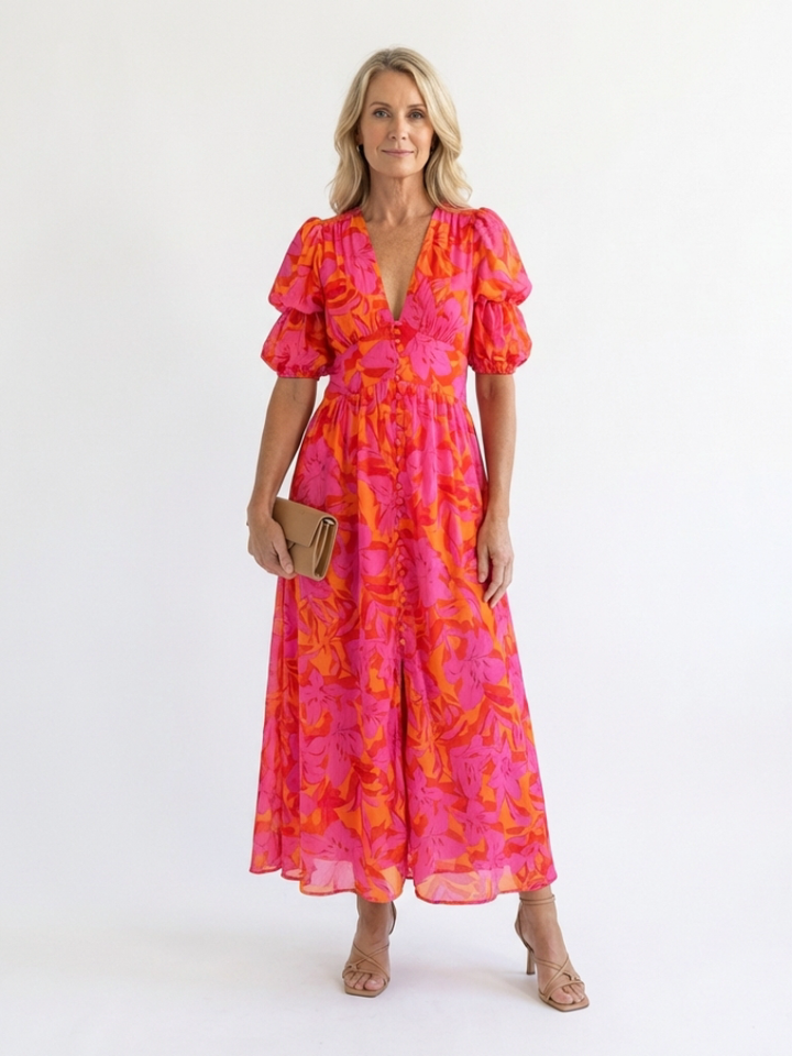 Willow | Abito Midi Floreale con Scollo a V e Maniche a Sbuffo