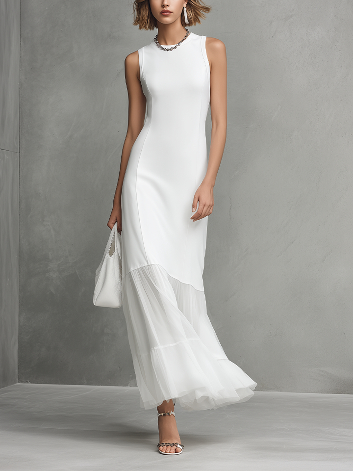 Abito Bianco Elegante Senza Maniche da Donna con Pannelli in Seta Latte e Chiffon