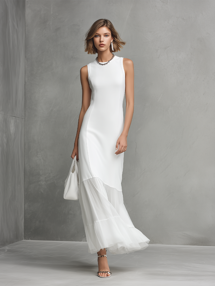 Abito Bianco Elegante Senza Maniche da Donna con Pannelli in Seta Latte e Chiffon