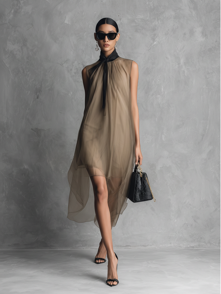 Beatrice - Abito Senza Maniche in Chiffon Bicolore Kaki e Marrone, Leggero e Lussuoso