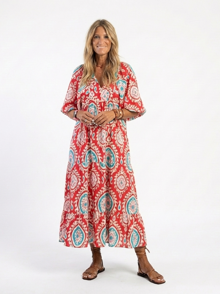Zaria | Abito Midi con Stampa Paisley, Scollo a V e Maniche Corte