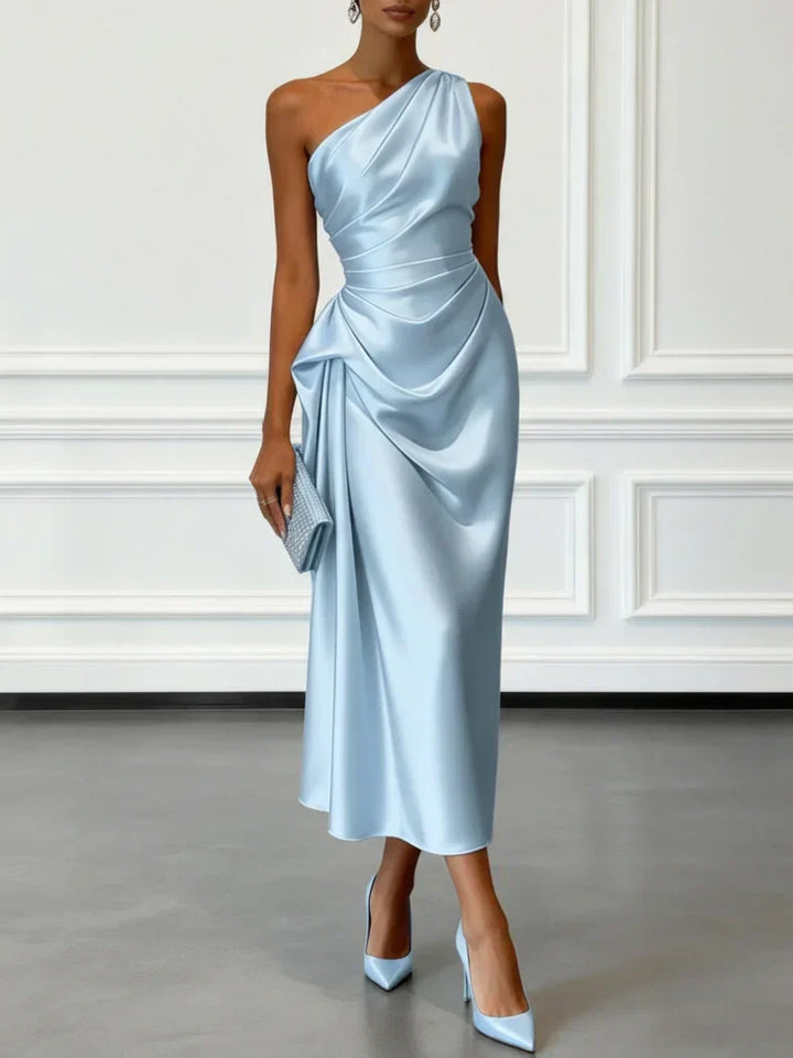 Caille - Abito Midi in Raso Champagne Monospalla a Balze