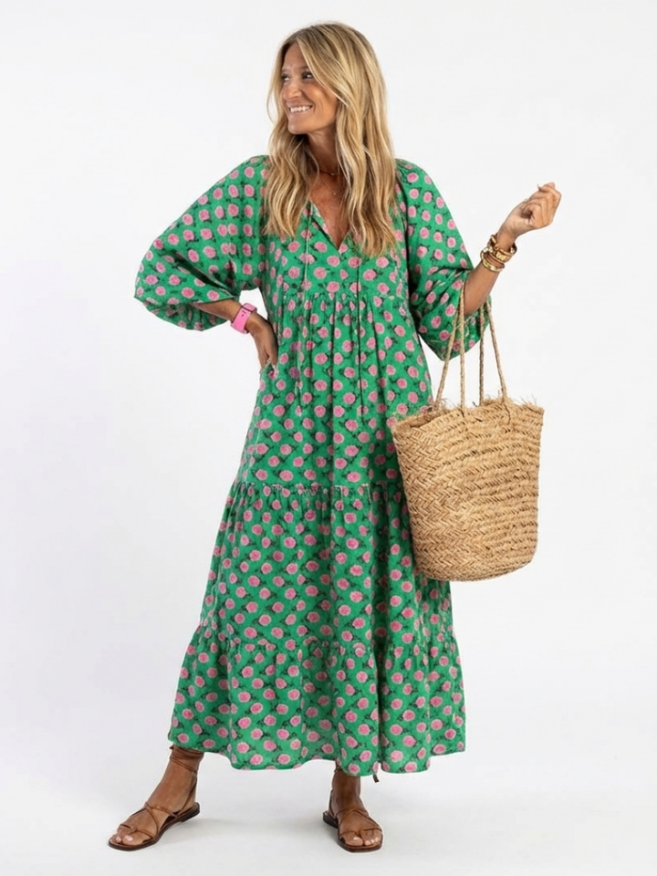 Fiora | Abito Midi a Balze con Stampa Floreale e Scollo a V