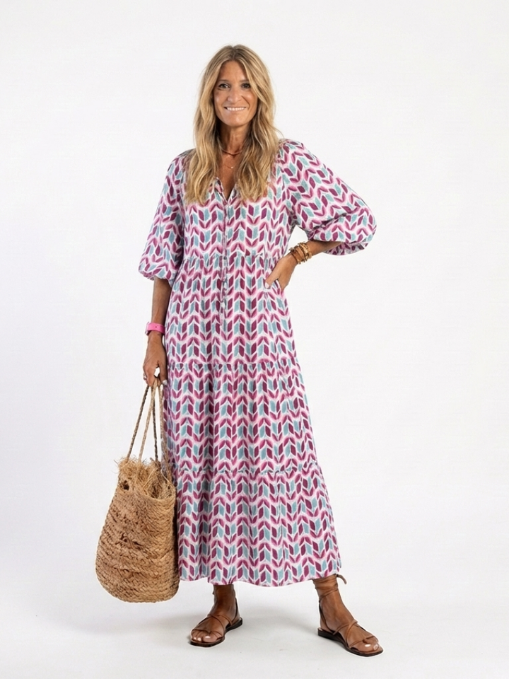 Mireya | Abito Midi a Balze con Stampa Geometrica e Maniche Lunghe