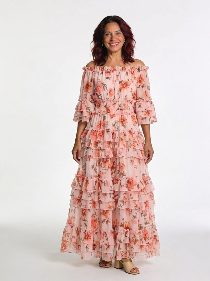 Rosalie | Abito Lungo Floreale a Balze con Spalle Scoperte