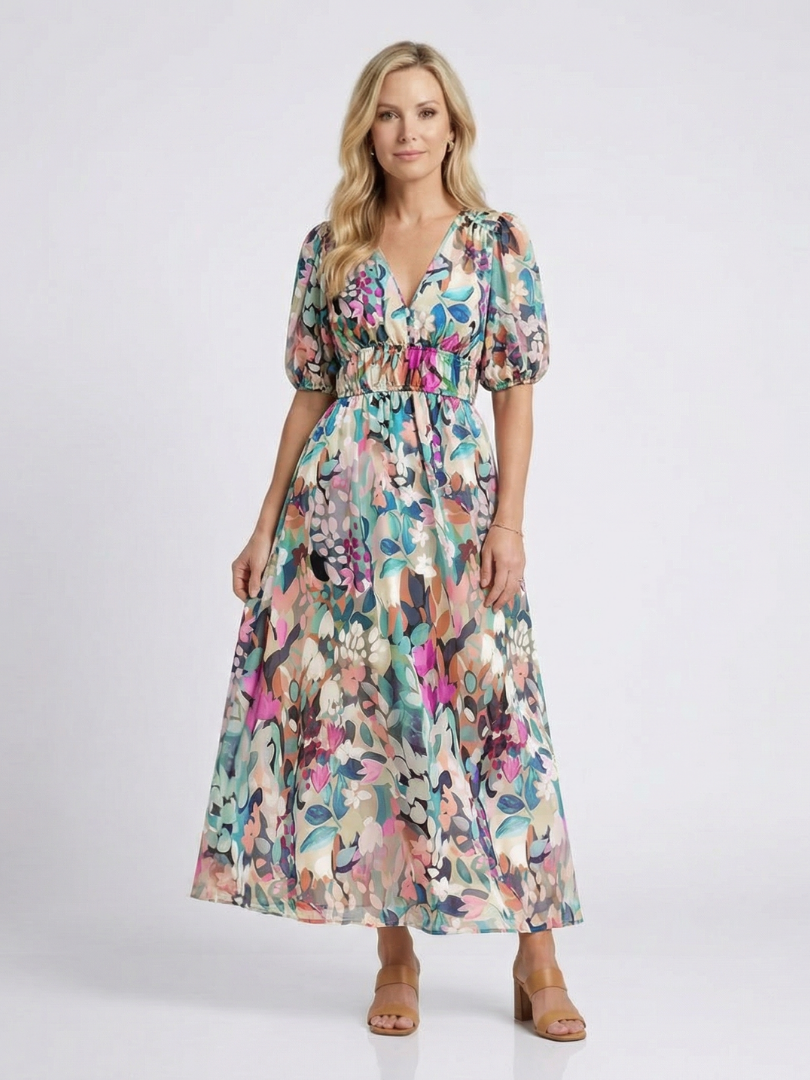 Eulalie | Abito Midi con Scollo a V, Maniche Corte e Vita Arricciata