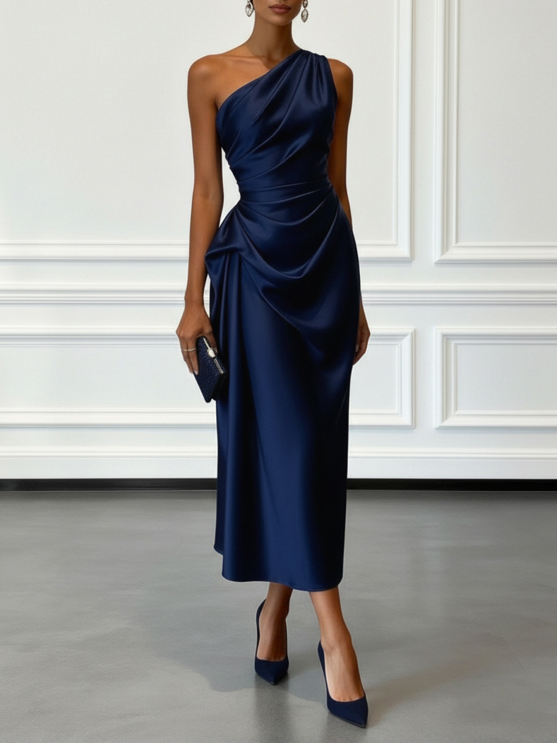 Caille - Abito Midi in Raso Champagne Monospalla a Balze