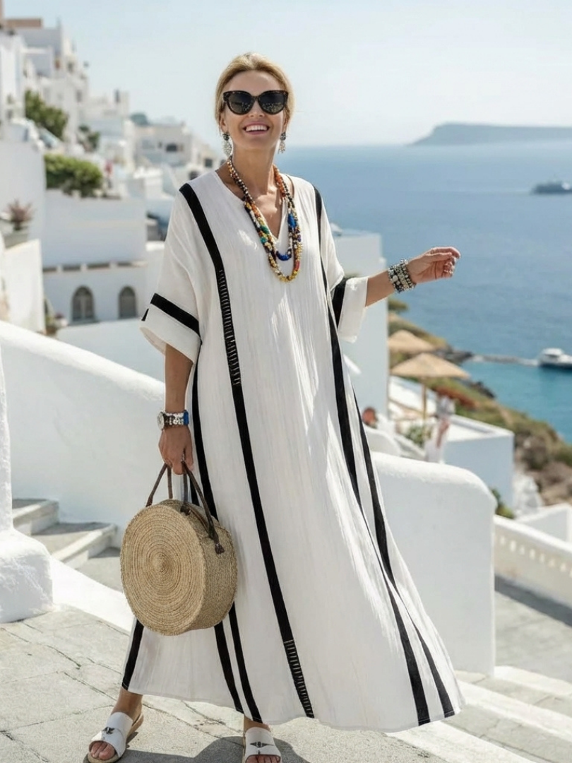 Elvienne | Abito Lungo a Righe Color Block con Maniche Corte