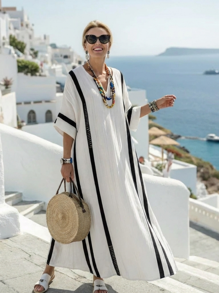 Elvienne | Abito Lungo a Righe Color Block con Maniche Corte