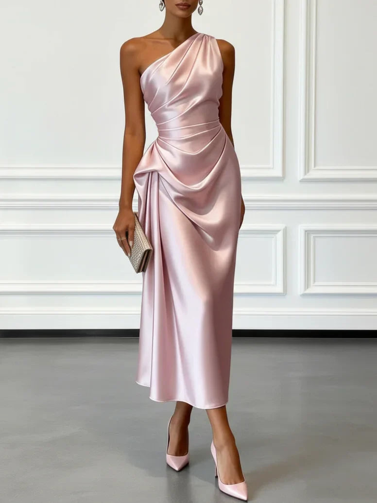 Caille - Abito Midi in Raso Champagne Monospalla a Balze