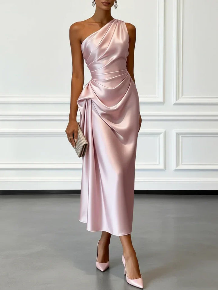 Caille - Abito Midi in Raso Champagne Monospalla a Balze