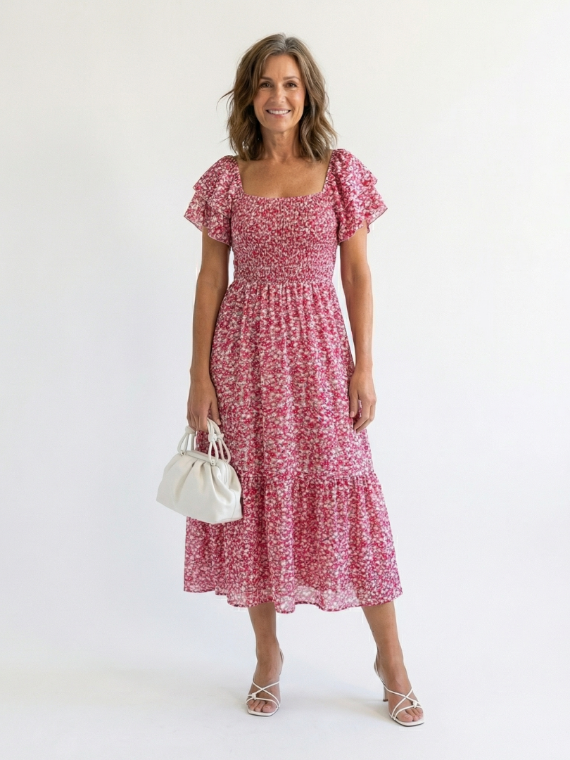 Odette | Abito Midi Floreale Smock con Spalle Scoperte