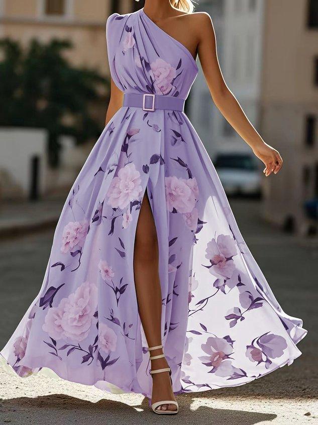 Sella - Abito Lungo in Chiffon Monospalla Arricciato a Linea A