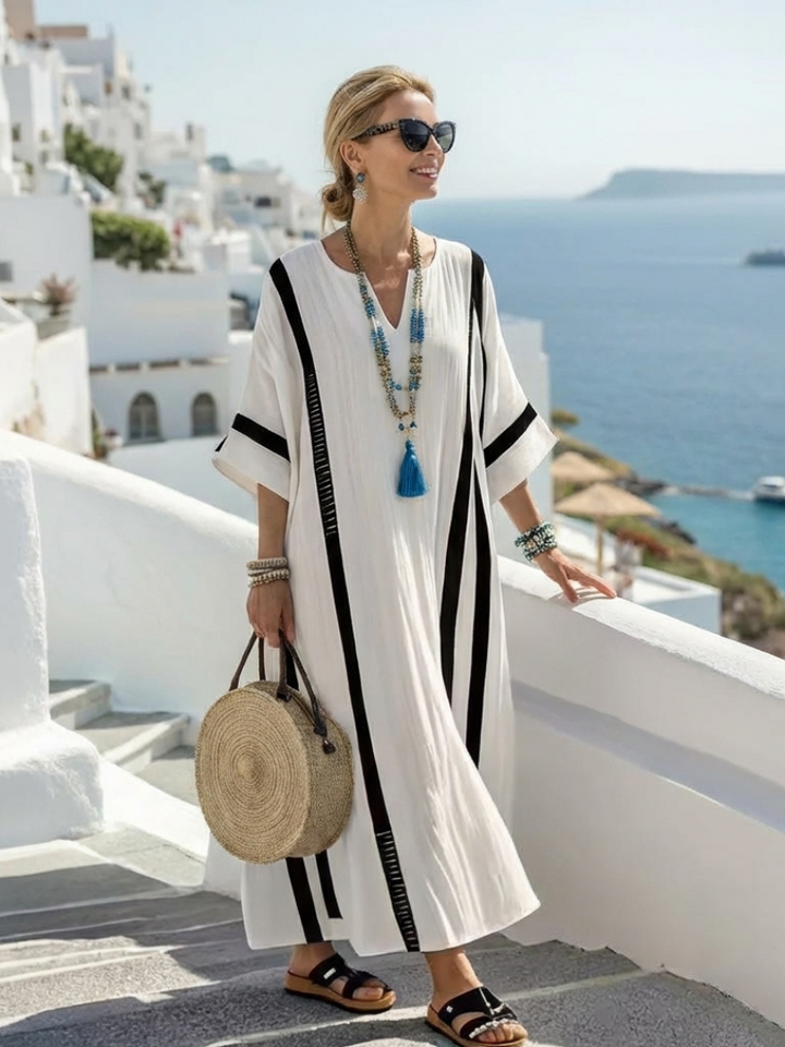 Elvienne | Abito Lungo a Righe Color Block con Maniche Corte