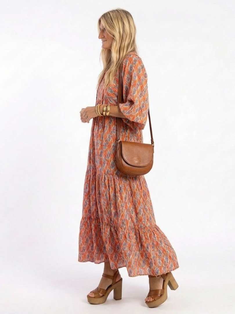 Amara | Abito Midi a Strati con Stampa Geometrica e Scollo a V