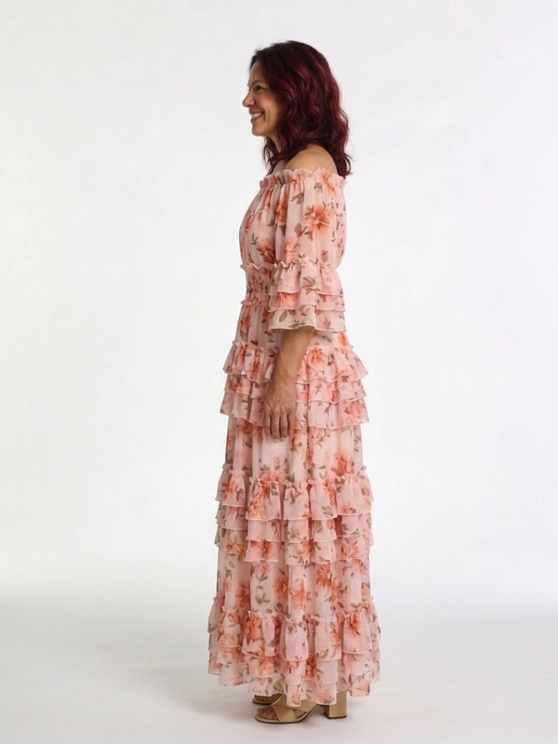 Rosalie | Abito Lungo Floreale a Balze con Spalle Scoperte