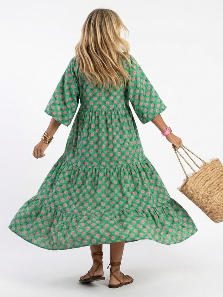 Fiora | Abito Midi a Balze con Stampa Floreale e Scollo a V