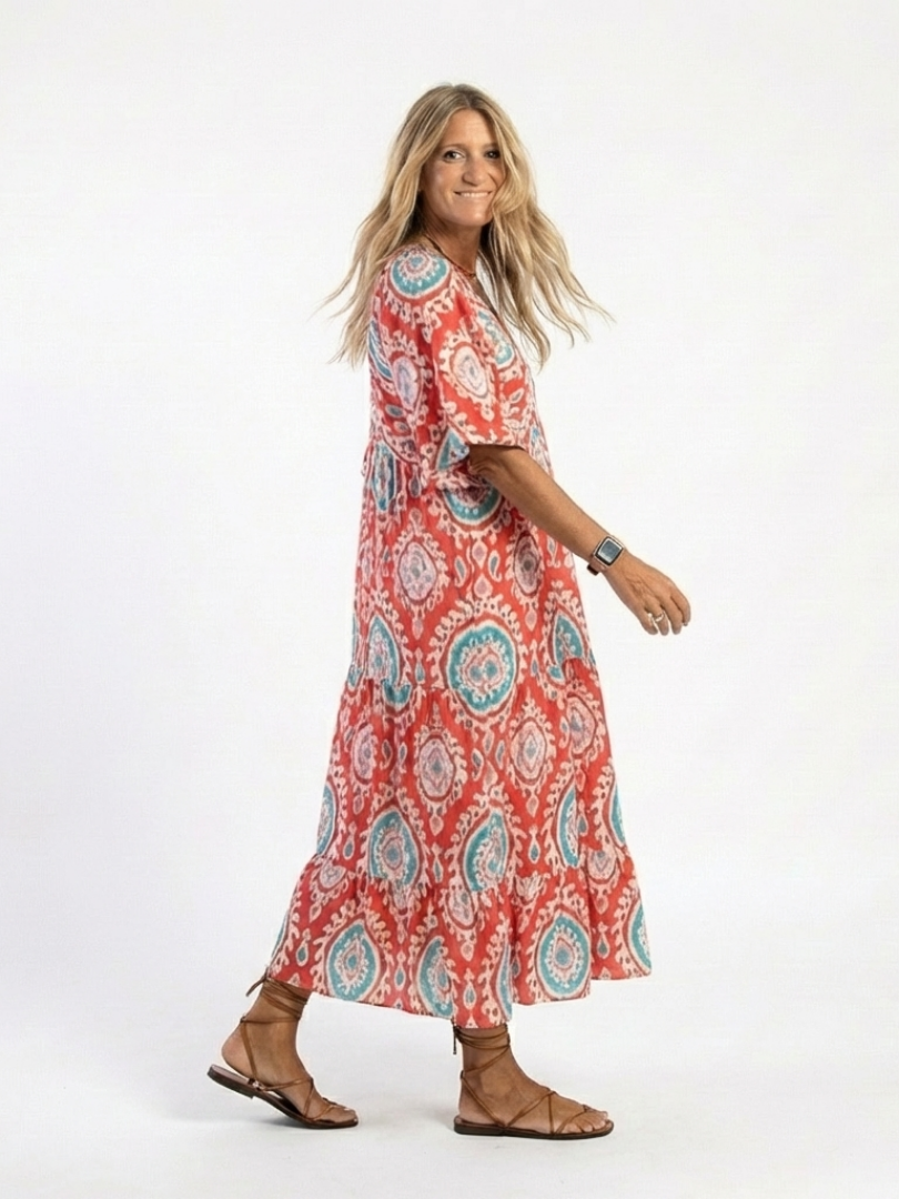 Zaria | Abito Midi con Stampa Paisley, Scollo a V e Maniche Corte