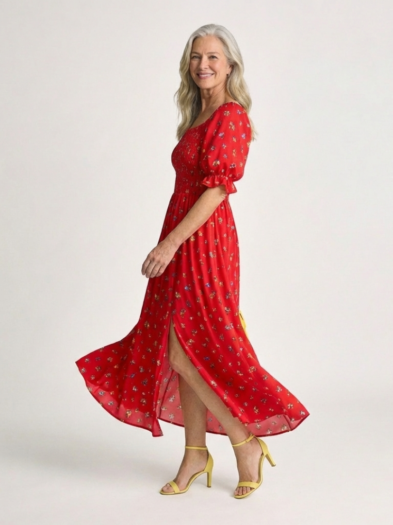 Delphine | Abito Midi con Scollo Quadrato e Stampa Floreale