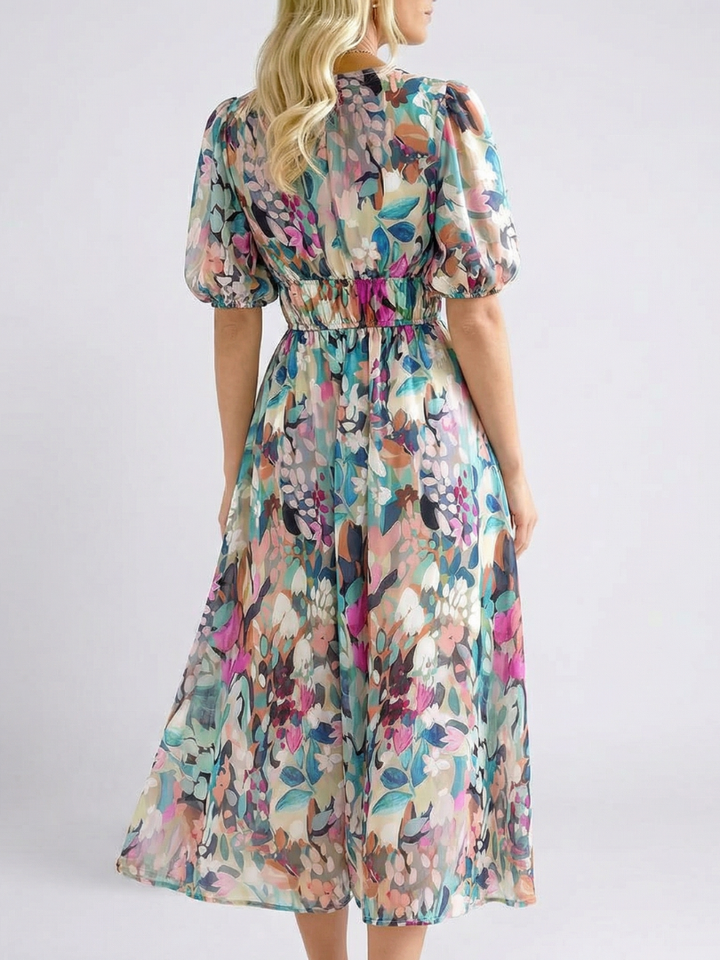 Eulalie | Abito Midi con Scollo a V, Maniche Corte e Vita Arricciata