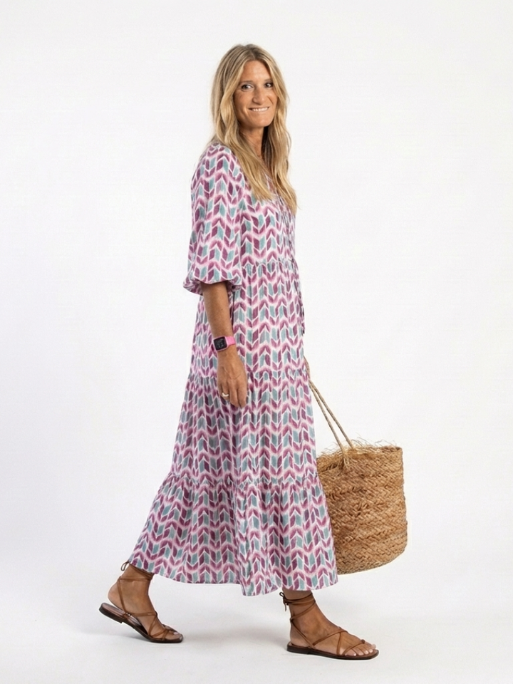 Mireya | Abito Midi a Balze con Stampa Geometrica e Maniche Lunghe