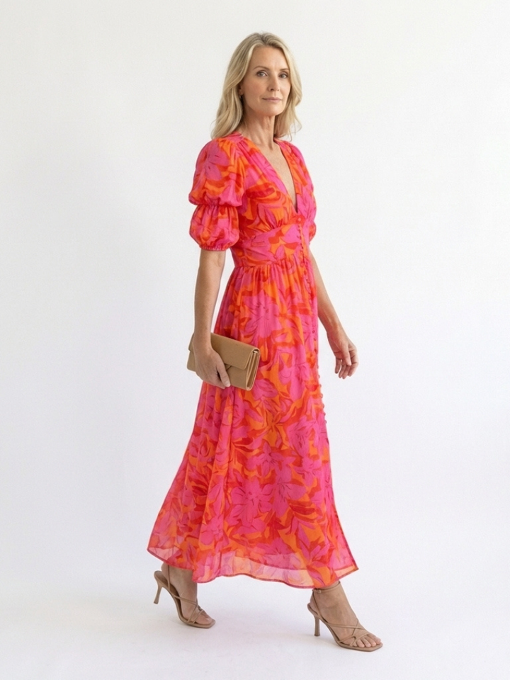 Willow | Abito Midi Floreale con Scollo a V e Maniche a Sbuffo