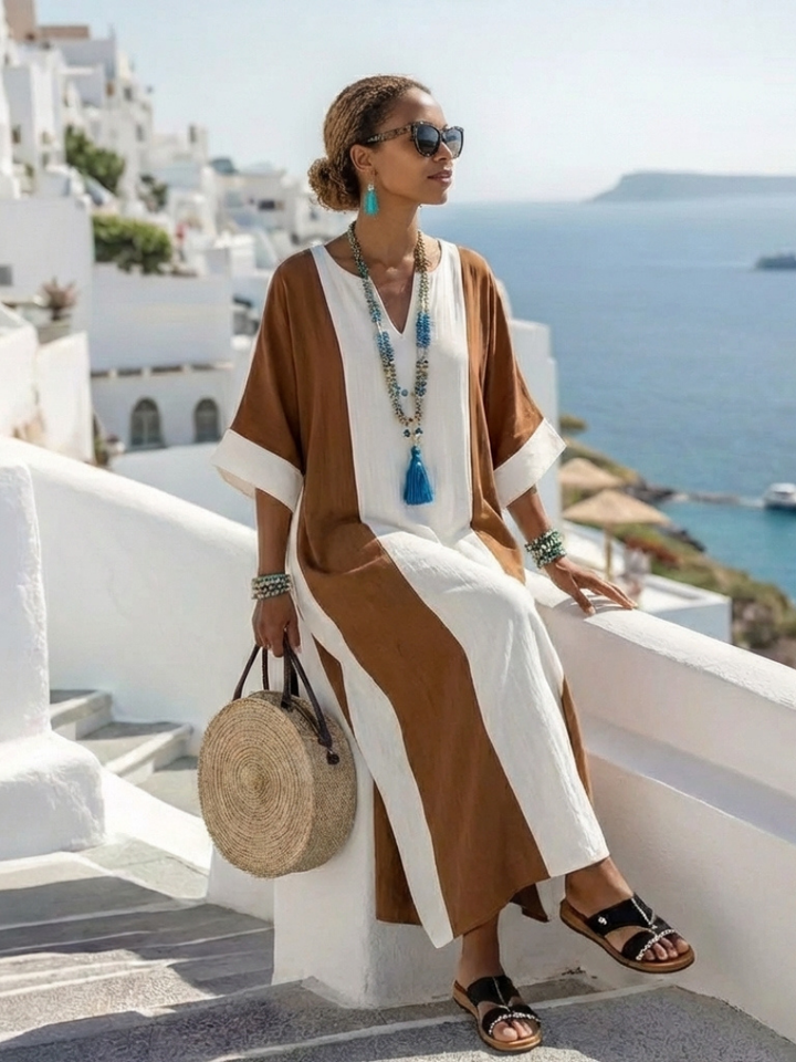 Calindra | Abito Lungo Color Block Comodo con Maniche Corte