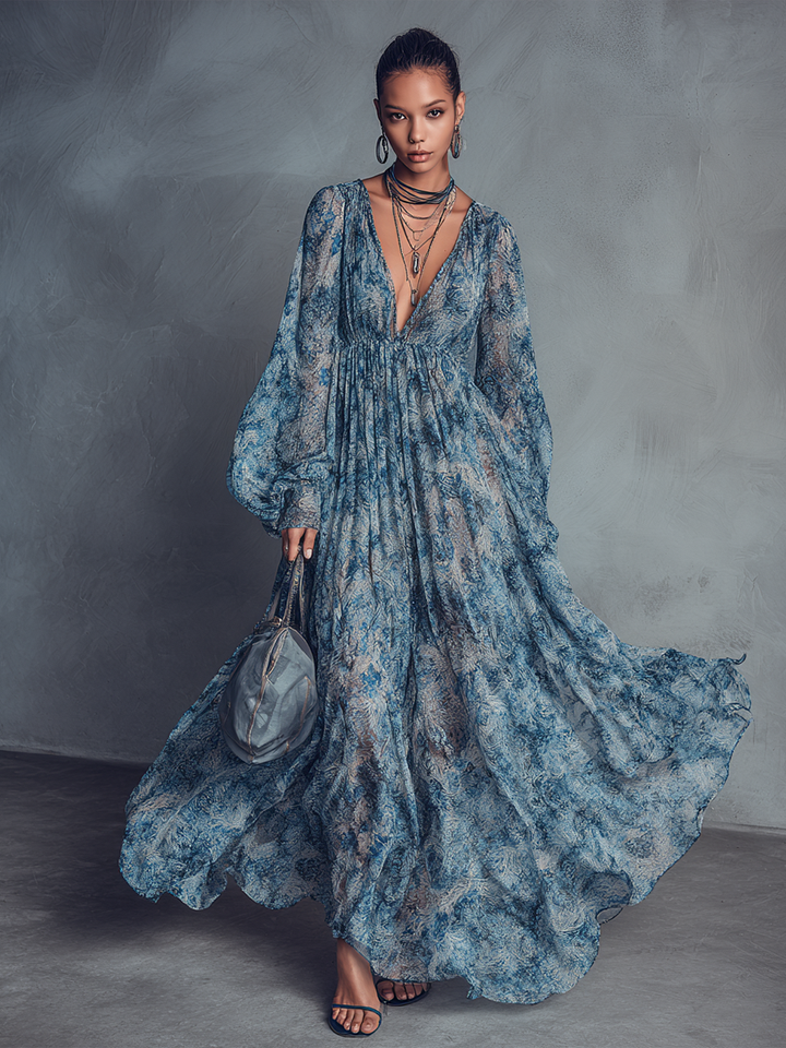 Grace - Abito Lungo in Chiffon Boho a Stampa Floreale Blu