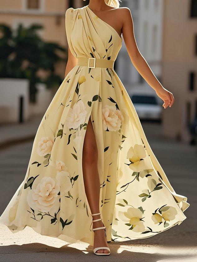 Sella - Abito Lungo in Chiffon Monospalla Arricciato a Linea A