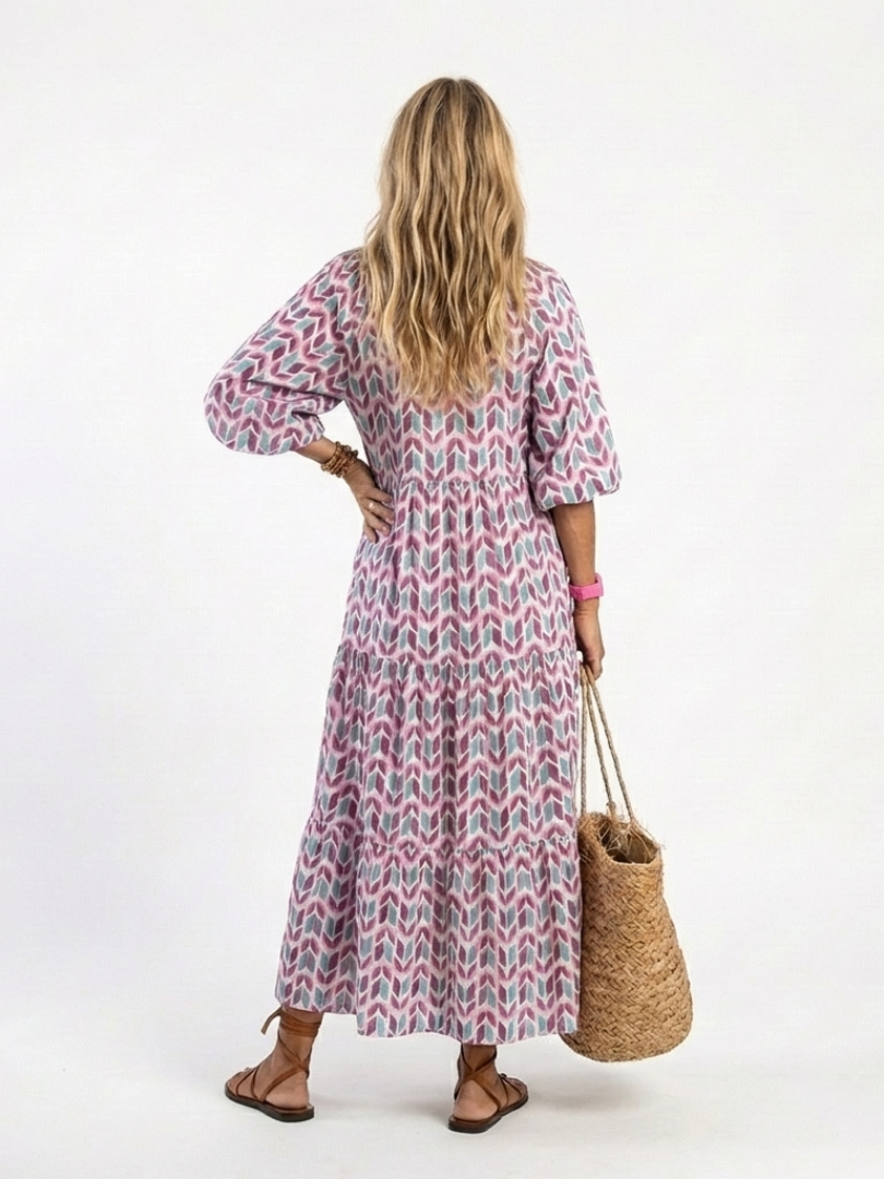 Mireya | Abito Midi a Balze con Stampa Geometrica e Maniche Lunghe