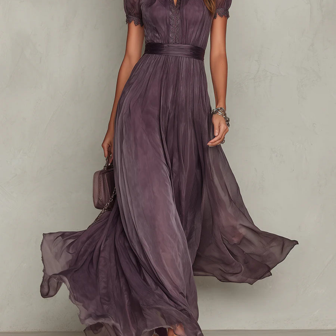 Vivienne | Abito Lungo in Chiffon con Bordo in Pizzo