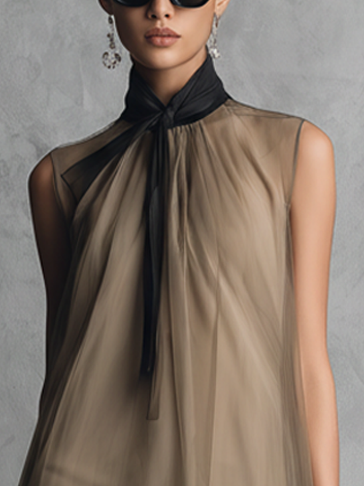 Beatrice - Abito Senza Maniche in Chiffon Bicolore Kaki e Marrone, Leggero e Lussuoso