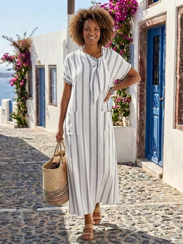 Elaris | Abito Midi a Righe con Tasche, Collo con Laccetto e Maniche Corte