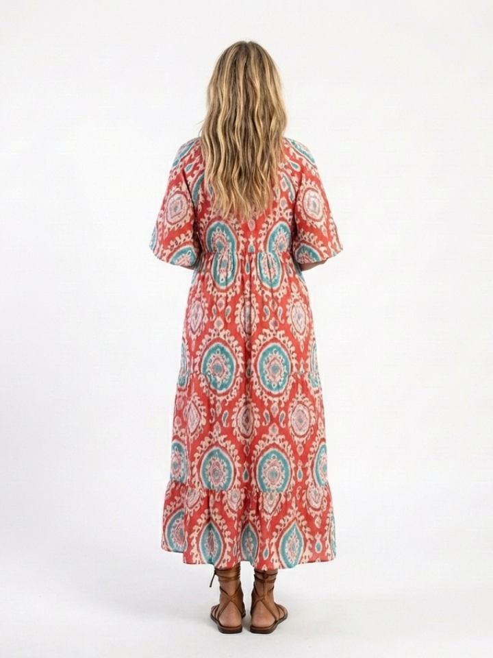 Zaria | Abito Midi con Stampa Paisley, Scollo a V e Maniche Corte