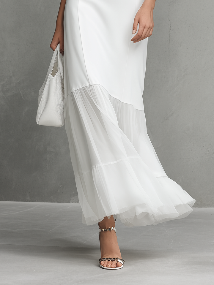 Abito Bianco Elegante Senza Maniche da Donna con Pannelli in Seta Latte e Chiffon