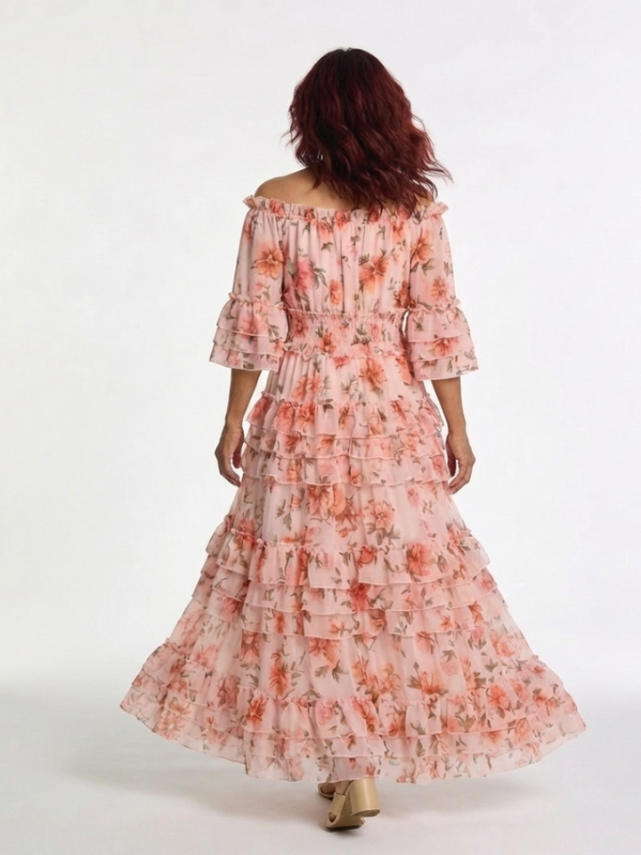 Rosalie | Abito Lungo Floreale a Balze con Spalle Scoperte