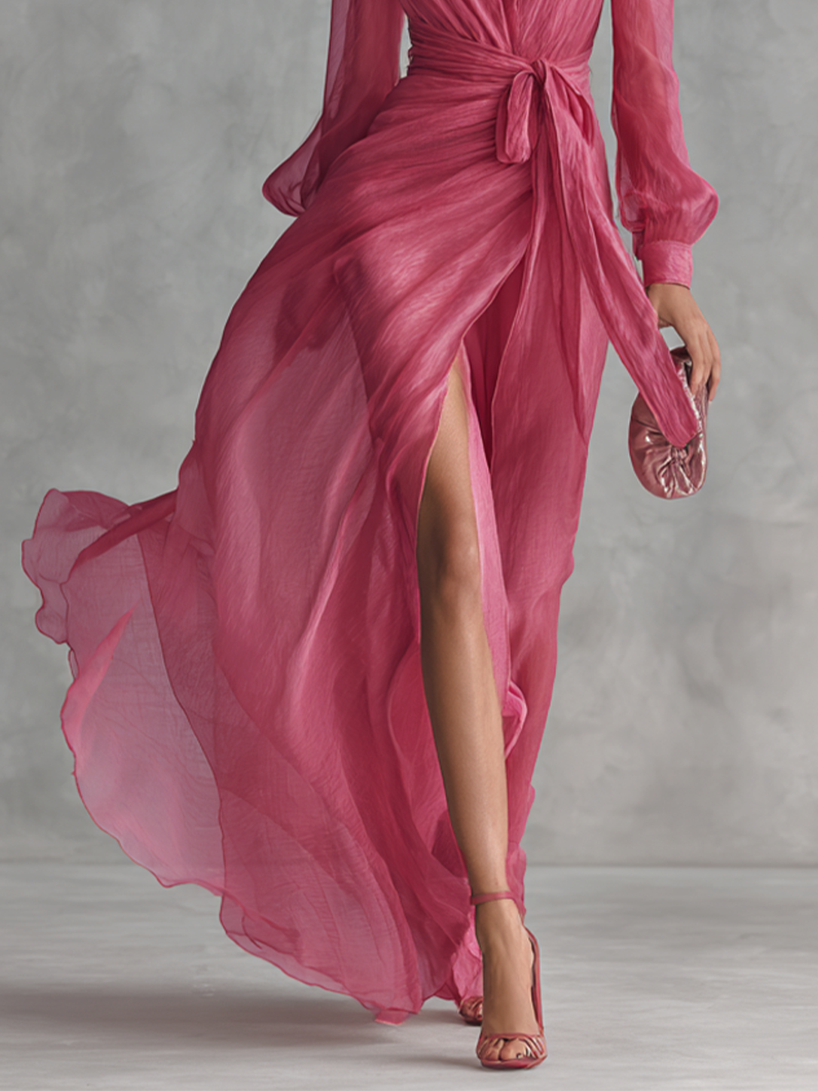 Abito Rosa in Chiffon con Scollo a V