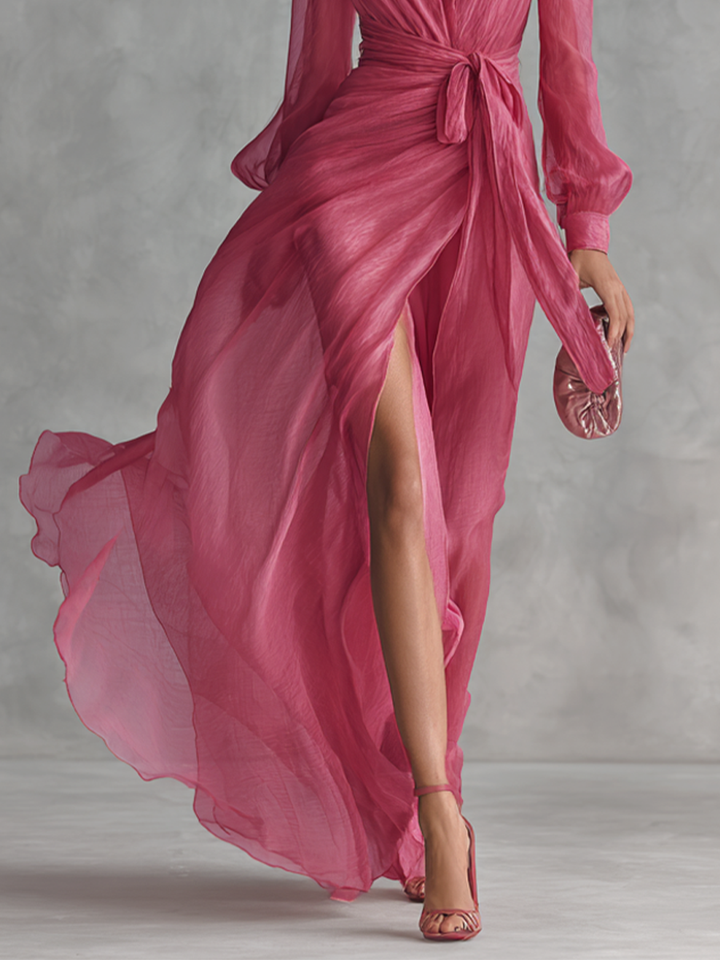 Abito Rosa in Chiffon con Scollo a V