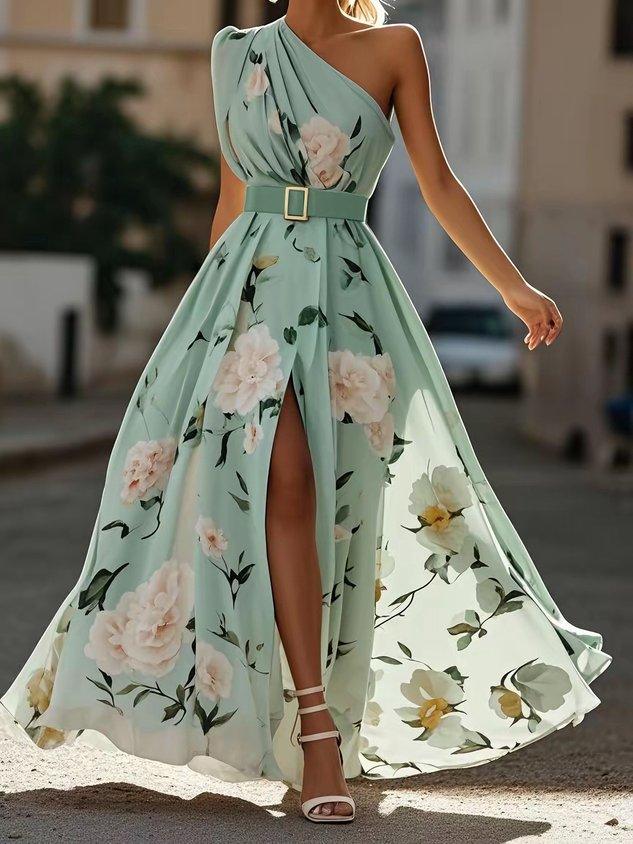 Sella - Abito Lungo in Chiffon Monospalla Arricciato a Linea A